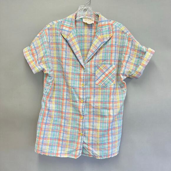 Vintage 80s plaid pastel seersucker roll short sleeve button up top small/medium - Picture 11 of 13